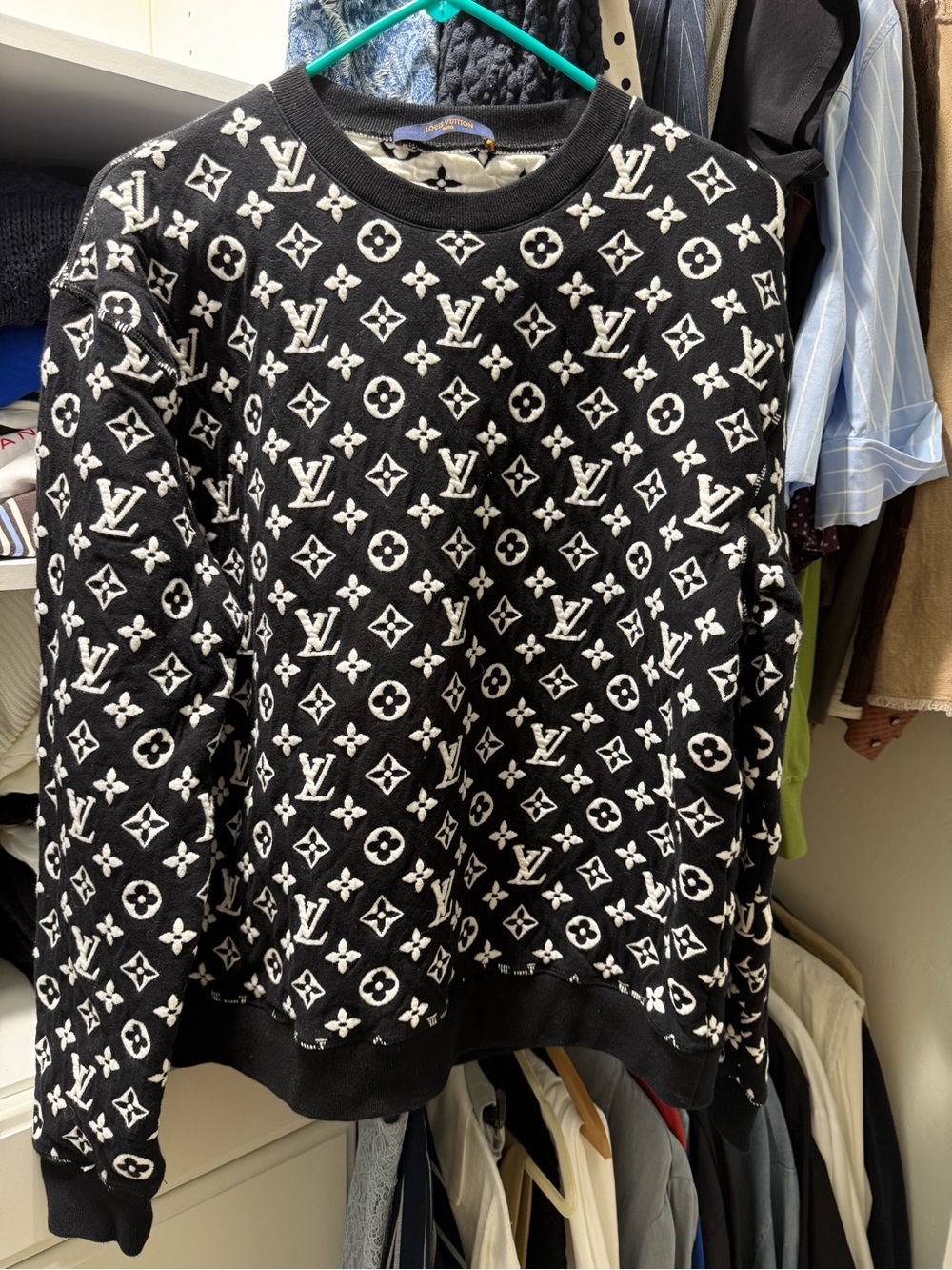 Louis Vuitton Black & White quilted Monogram Crewneck Sweatshirt oversized Sz S